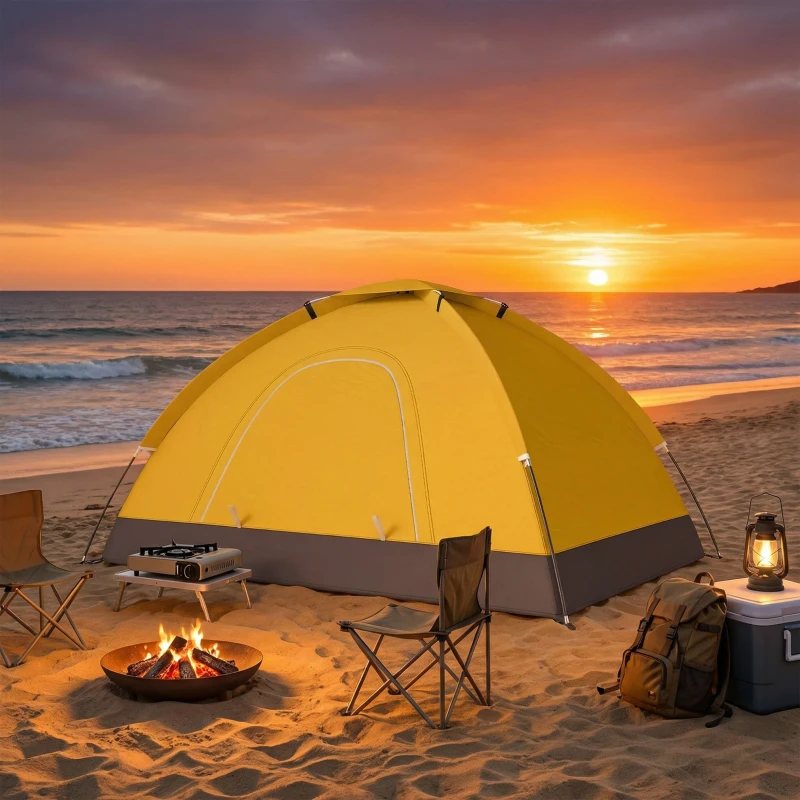 Outsunny 2 Person Camping Tent, Dome Tent with Zipped Doors, Storage Pocket, Portable Handy Bag, Yellow