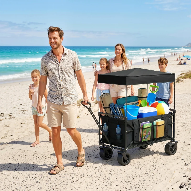 Outsunny Carrinho de Transporte com Rodas Grandes Travão Teto Amovível Carro Dobrável para Jardim com Barra Ajustável 125x59x133 cm Preto