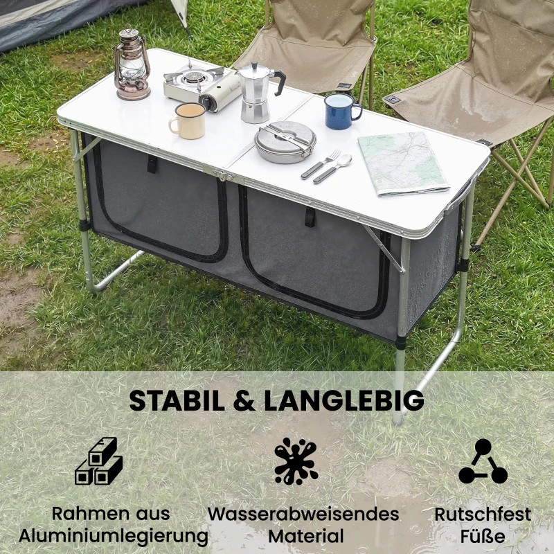 Outsunny Camping Küche faltbar Campingschrank mit Aluminiumgestell Staufach Arbeitsplatte für Camping Reisen Silber