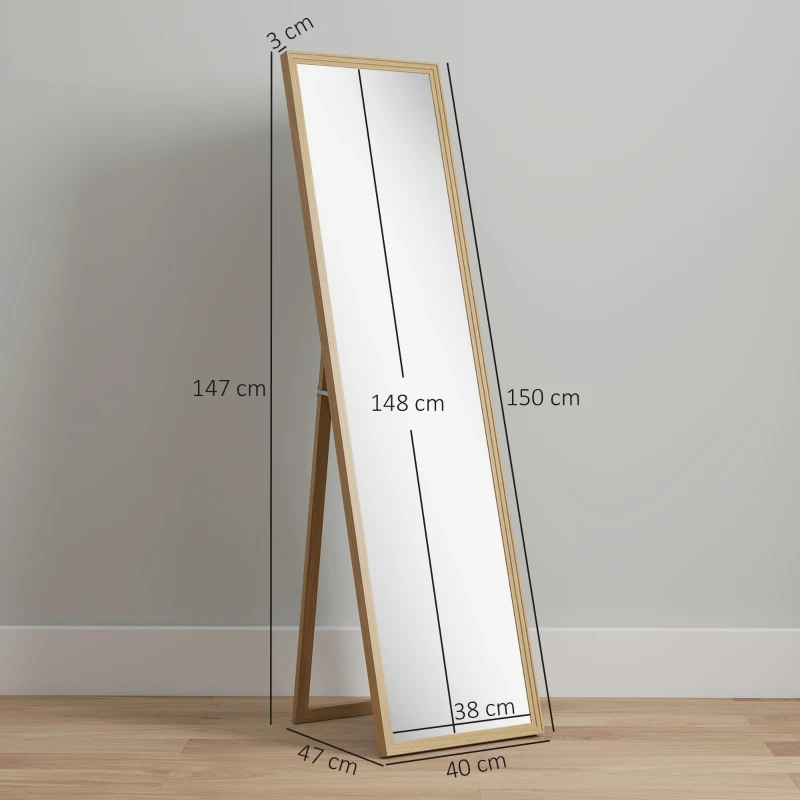 HOMCOM Miroir rectangulaire sur pied miroir de sol pour vestiaire salon salle de bain couloir 40 x 47 x 147 cm naturel