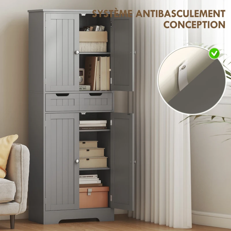 HOMCOM Meuble de salle de bain avec tiroir, placard à portes, étagère réglable, 60 x 30 x 160 cm, gris