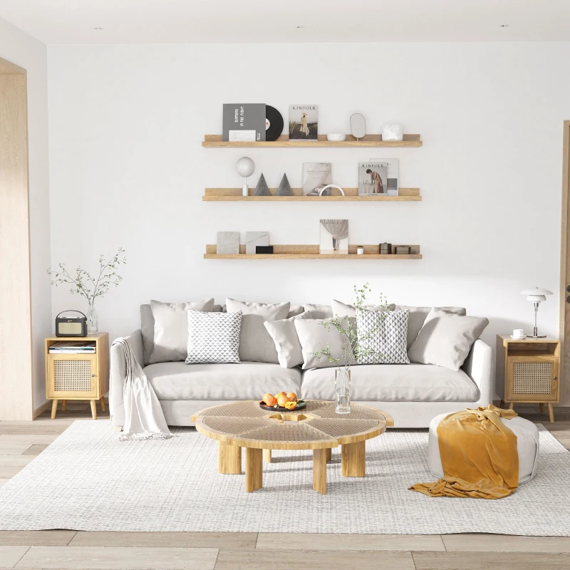 HOMCOM Table de chevet table de nuit avec placard porte cannage et niche design vintage 39 x 35 x 60 cm naturel