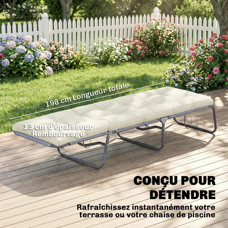 Outsunny Coussin Bain de Soleil Chaise Longue en Mousse à Mémoire avec Sangles, Protection UV50+, 198x65x13cm, Beige