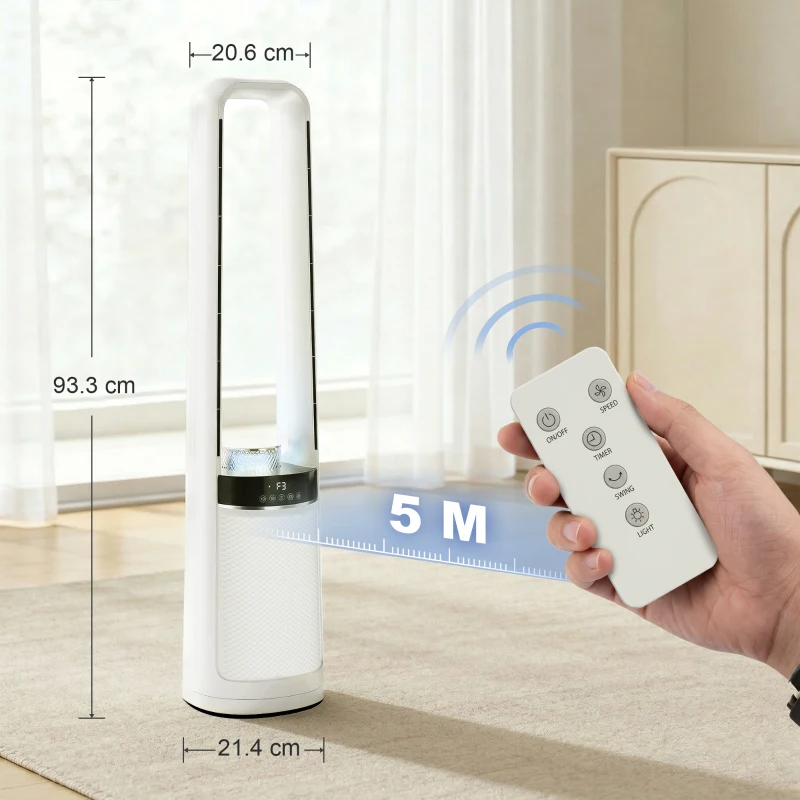 HOMCOM Bladeless Tower Fan, 36dB Standing Cooling Fan with 45° Oscillating, LED Lights, 3 Speeds, 12H Timer, Remote Control