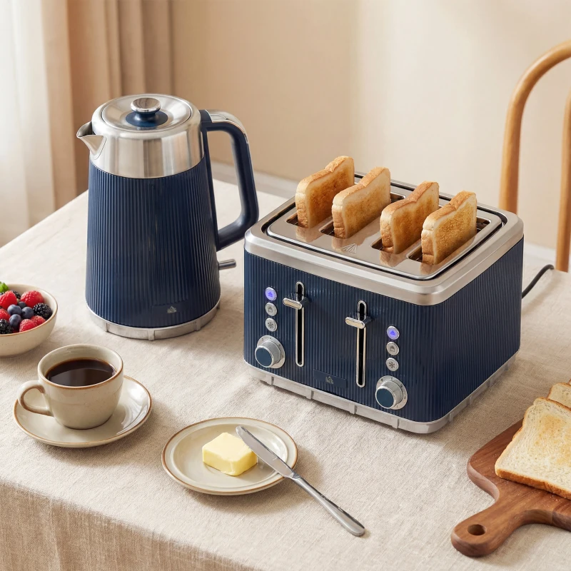 HOMCOM Electric Stainless Steel Kettle and Toaster Set, 3000W 1.7L UK Strix Thermostat Dark Blue