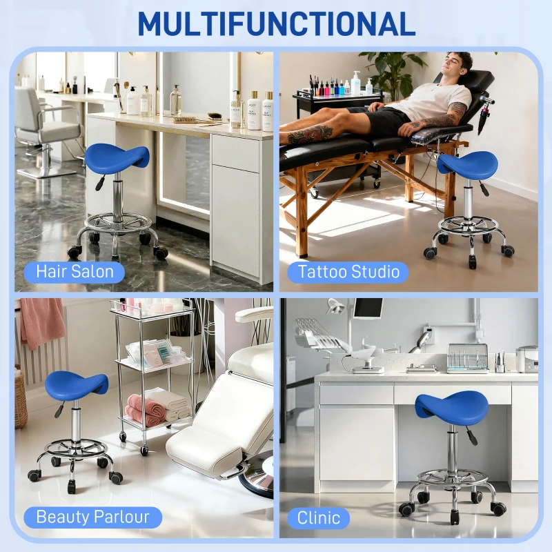 HOMCOM Salon Saddle Stool, Rolling Saddle Chair for Massage, Spa, Clinic, Beauty, Hairdressing and Tattoo, Blue