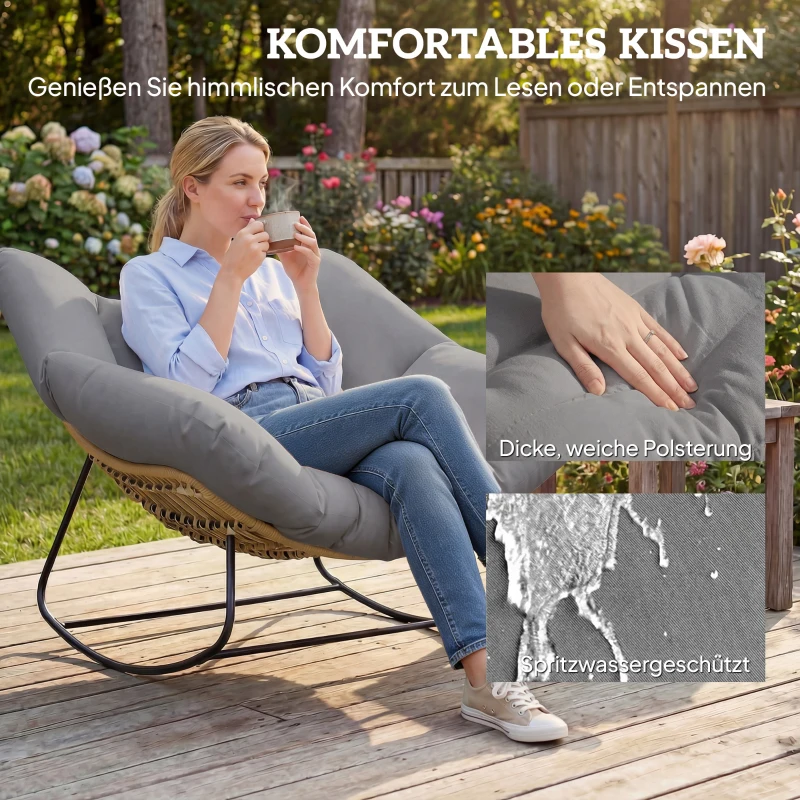 Outsunny Schaukelstuhl Schaukelsessel mit Kissen wetterfest Gartenstuhl bis 120 kg belastbar für Wohnzimmer Garten, Rasen Grau