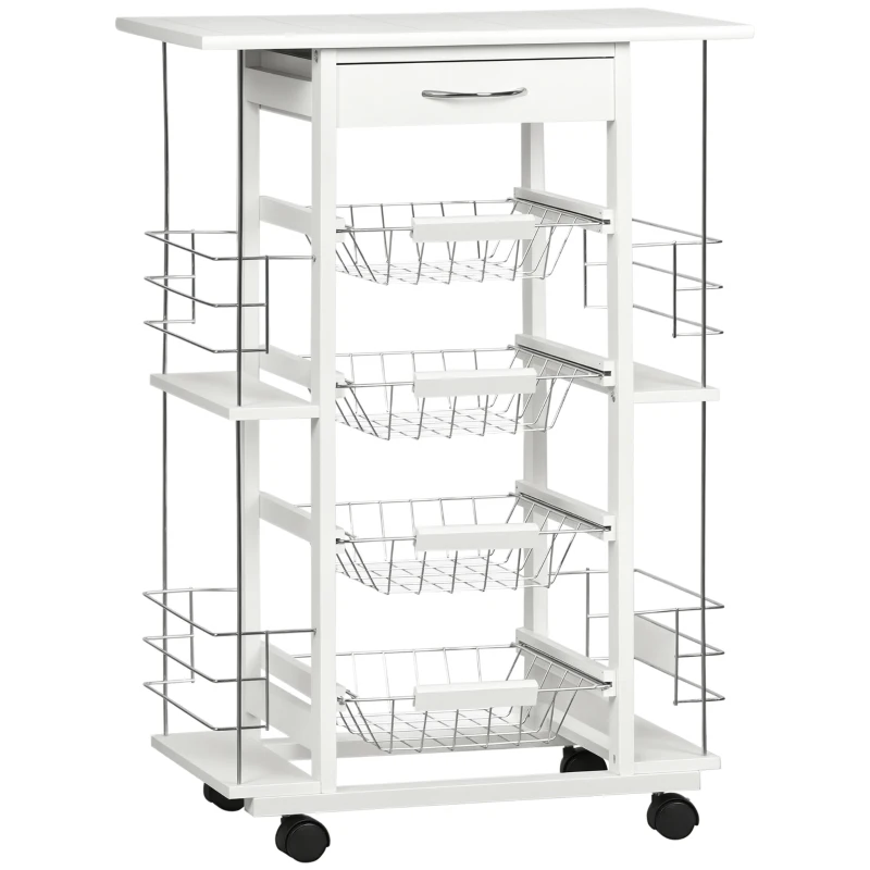 HOMCOM Multi-storage kitchen service cart on casters 4 metal baskets drawer + 4 bottle racks pine wood white tiled top
