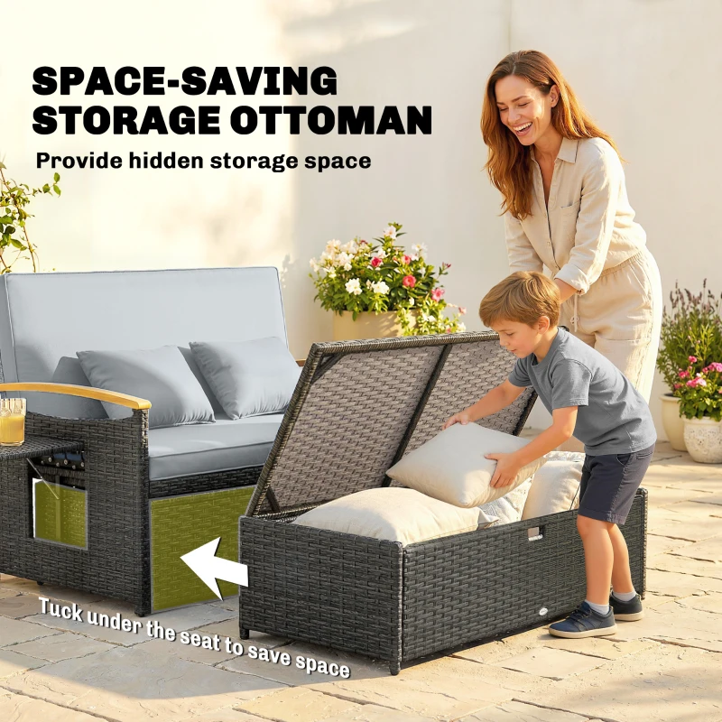 Outsunny Double Garden Rattan Daybed, Wicker Sun Bed Chaise Lounger with Storage Ottoman, 4-Level Adjustable Backrest, Dark Grey