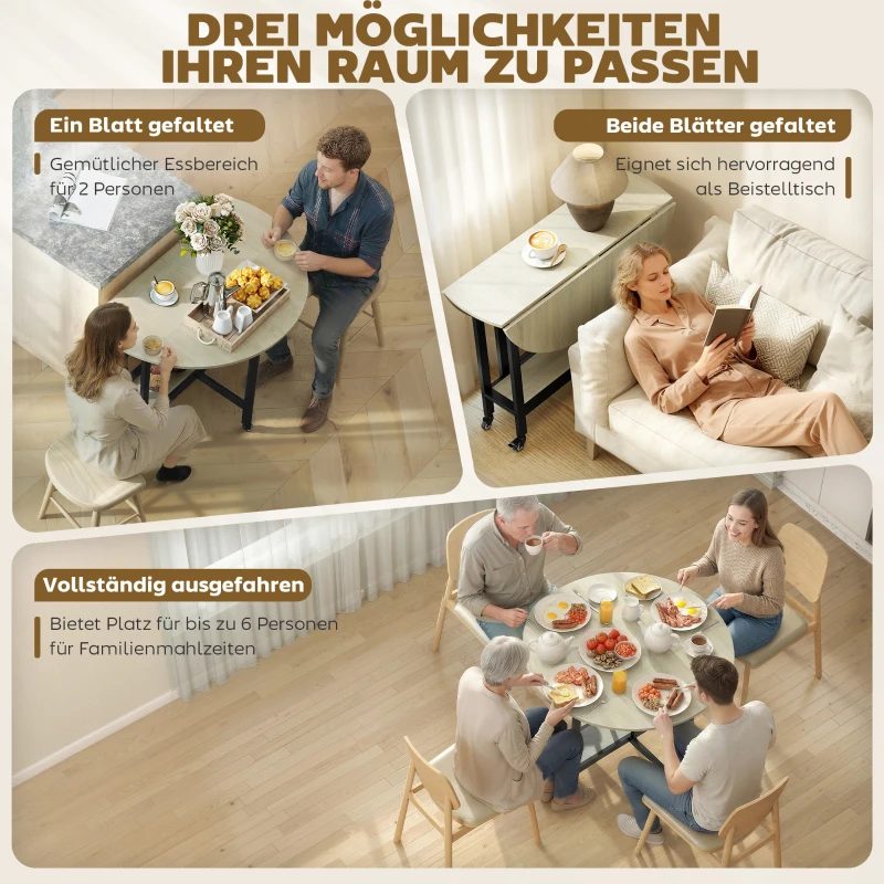 HOMCOM Klaptafel, Tafel met inklapfunctie en open opbergrek, Verrijdbare keukentafel voor eetkamer, kleine ruimtes, Naturel