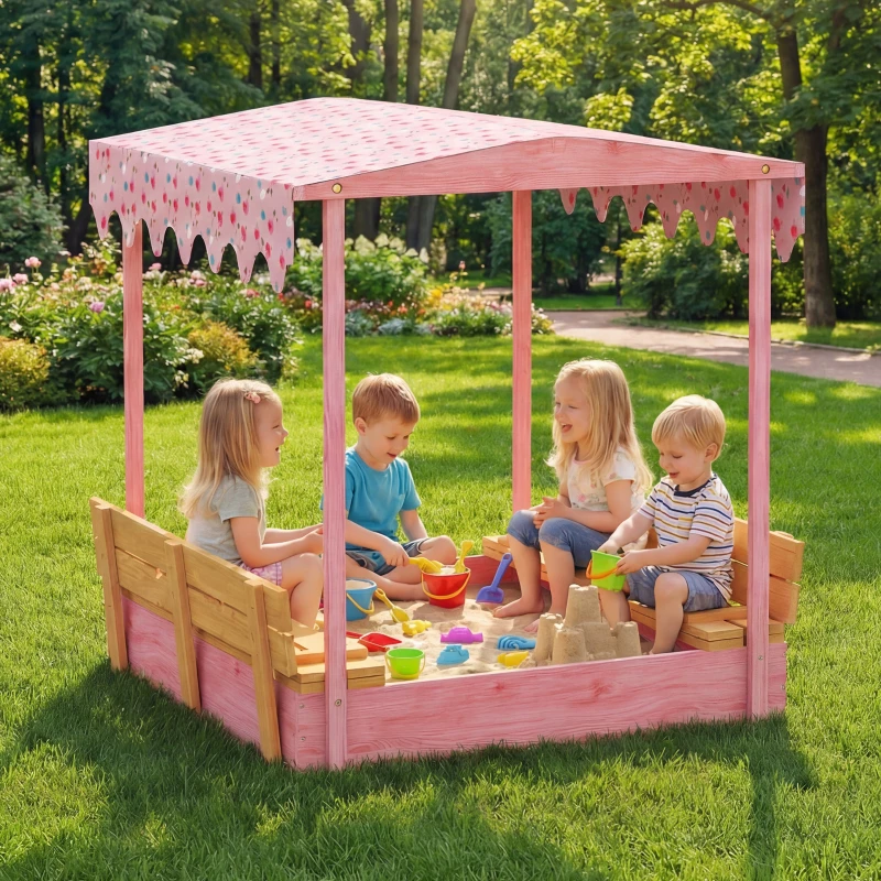 AIYAPLAY Sabbiera per Bambini 3-6 Anni con Tettuccio Fenicotteri, Sedute Pieghevoli, Coperchio e Fodera Inclusa, Sabbionaia per Bambini in Legno di Abete, 134.5x127.5x130 cm, Rosa