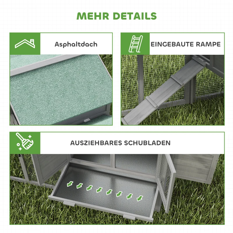 PawHut Hühnerstall Holz Hühnerhaus mit Freilaufgehege Nistkasten Rampe herausziehbarem Tablett für 2-4 Hühner 168x75x103cm Grau