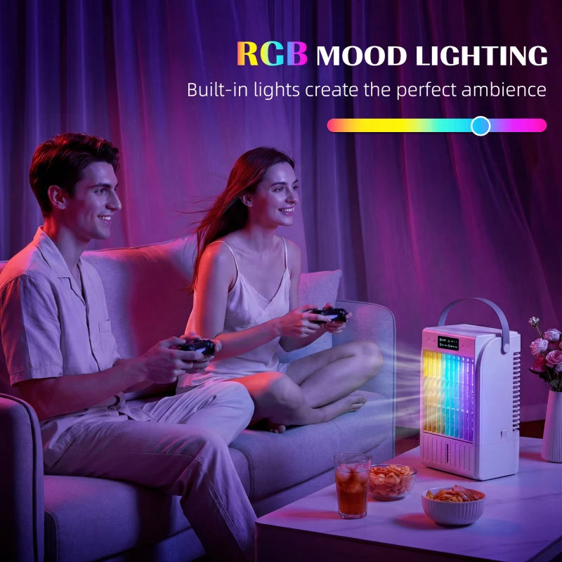 HOMCOM Portable Air Conditioner, 4-in-1 Mini Air Cooler with 4 Wind Speed, 2 Cool Mist, RGB 7 LED Light, White