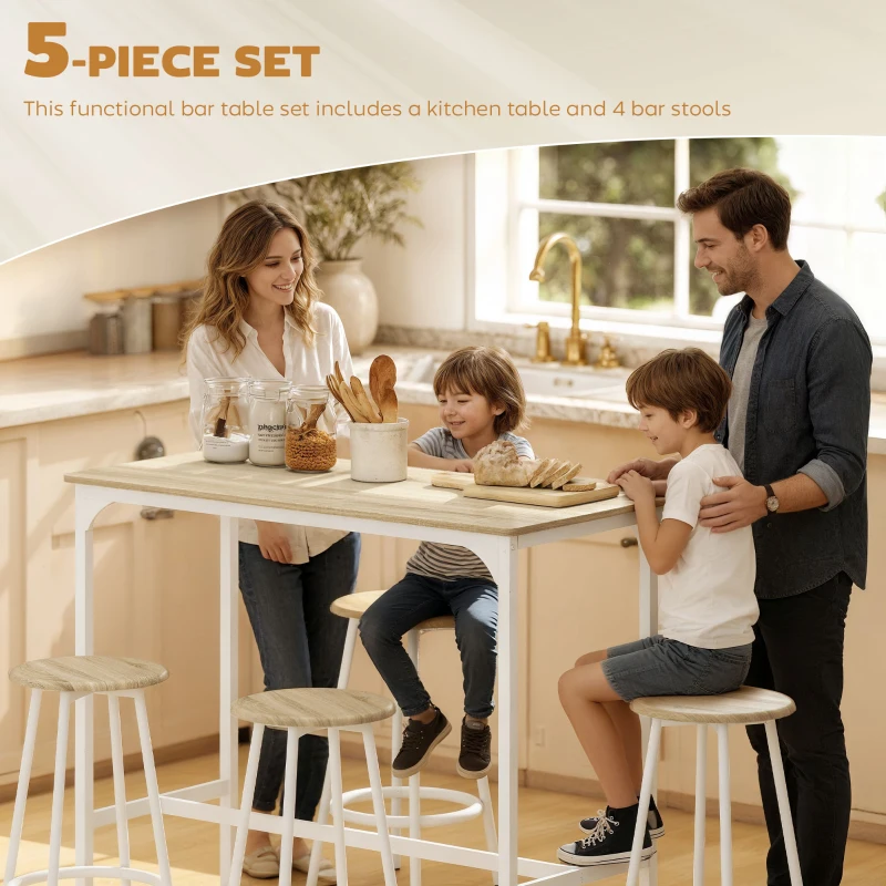 HOMCOM 5 Piece Bar Table Set for 4 with Stools, Metal Frame, Footrest for Kitchen Natural Wood