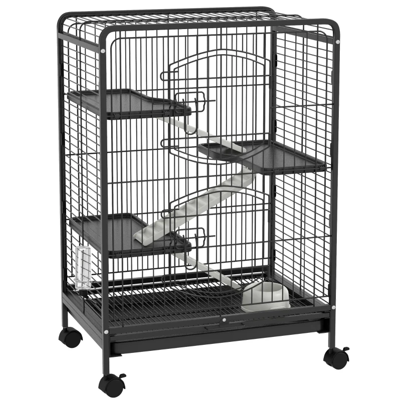PawHut Small Animal Cage on Wheels, 3 Ramps & 3 Platforms, Food Dish & Water Bottle, Removable Bottom Tray for Rabbit, Ferret, Chinchilla, Steel & PP, 61.5x44x95cm, Black