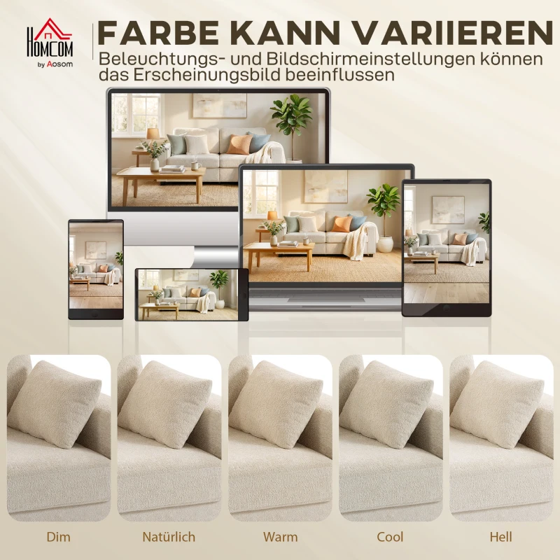 HOMCOM Beige 3-zitsbank met velours-look bekleding, diepe zit, veerkussens, brede armleuningen en 4 kussens