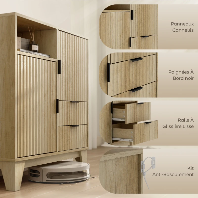 HOMCOM Buffet salon, meuble de rangement, 2 portes, 2 tiroirs, étagère réglable, compartiment ouvert, 80x40x90cm, bois naturel