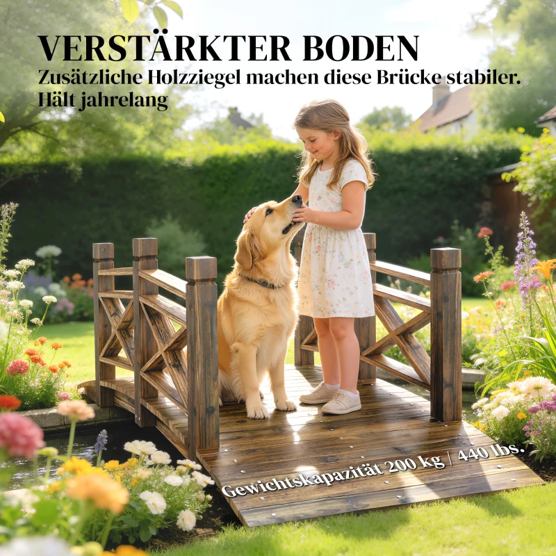 Outsunny Holzbrücke mit Geländer Gartenbrücke aus Tannenholz Teichbrücke mit Antik-Optik, begehbar 174 x 78 x 57,5 cm Verkohlt