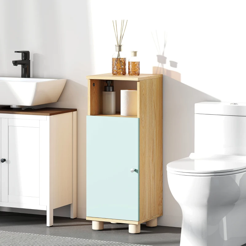HOMCOM Meuble de salle de bain, meuble de rangement étroit avec placard à porte et compartiment ouvert, 30x30x80cm, vert