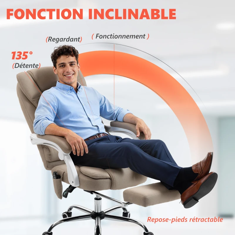 Vinsetto Fauteuil de bureau direction massant chauffant hauteur réglable dossier inclinable toile de lin beige