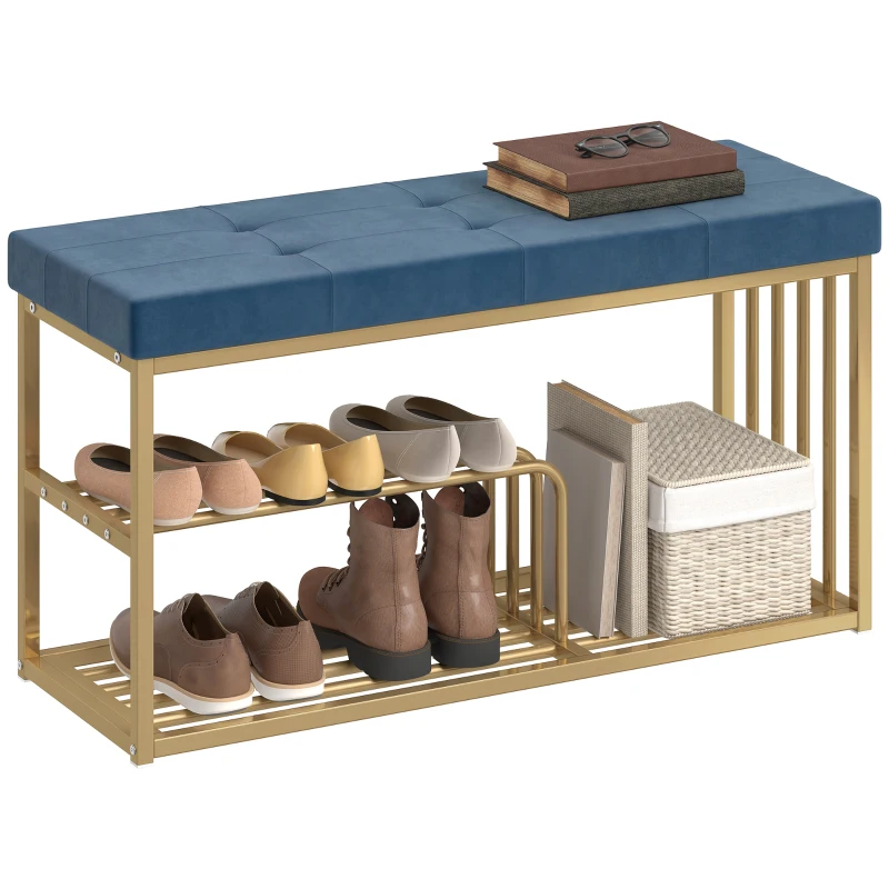 HOMCOM Bench and Shoe Storage, Tufted Shoe Storage Bench with Velvet Seat Cushion Gold Steel Frame for Entryway, Dark Blue