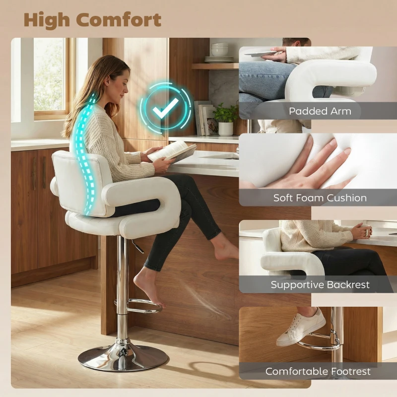 HOMCOM Bar Stools Adjustable Swivel Kitchen Chairs with Backrest Armrest Set of 2 PU Leather White