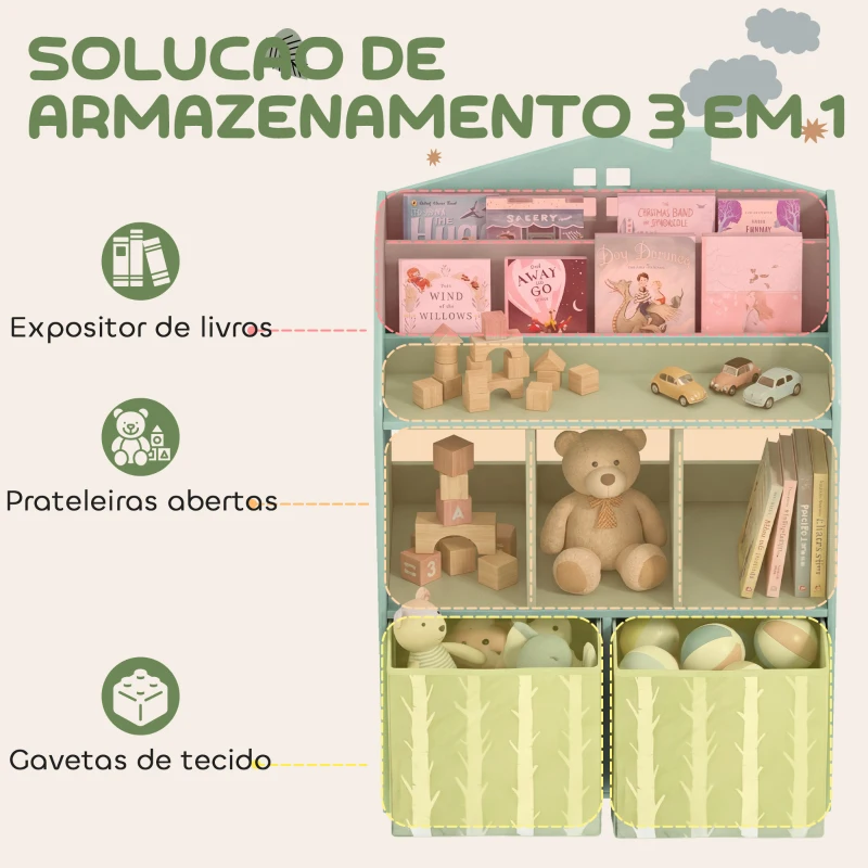 AIYAPLAY Estante Infantil para Brinquedos com Gavetas de Tecido Prateleiras Abertas Design de Ursinhos Organizador de Brinquedos Verde