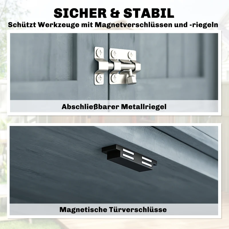 Outsunny Gartenschrank Holz wetterfest Geräteschuppen mit Doppeltür Magnetverschluss für Garten Terrrasse 85 x 54 x 170 cm Grau