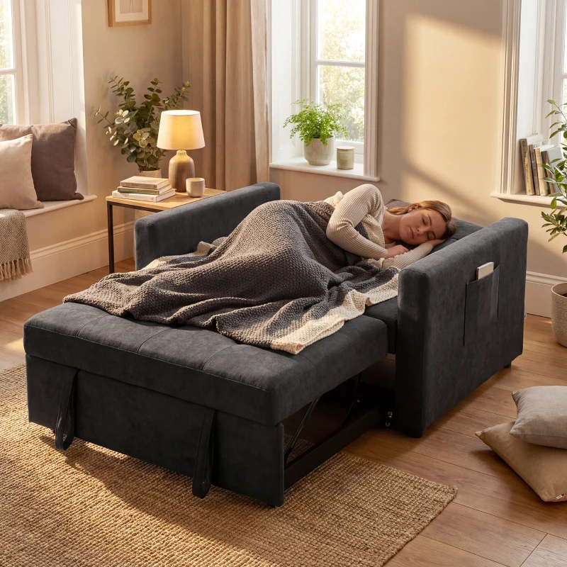 HOMCOM Loveseat Sofa Bed, Convertible Bed Settee with 2 Pillows, Side Pockets, Black