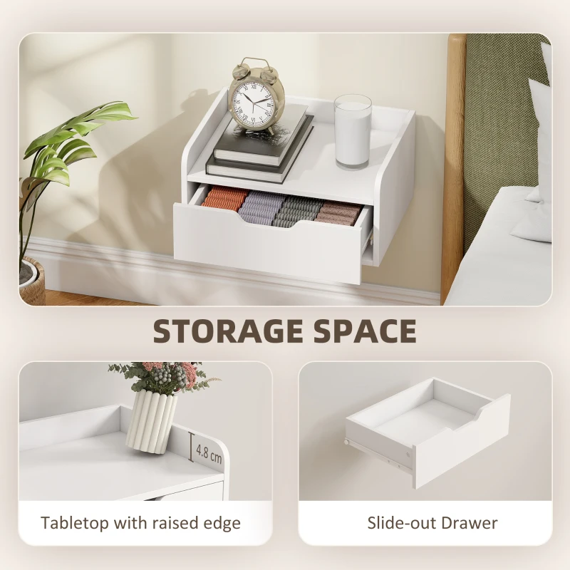 HOMCOM Floating Nightstands Set of 2, Wall Mounted Bedside Table with Drawer for Bedroom, White
