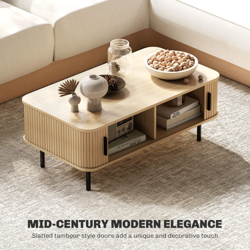 HOMCOM Coffee Table with Storage, Living Room Table with Slatted Tambour Sliding Doors and Foot Pads, Rectangular Coffee Table with Elevated Base for Living Room, Oak