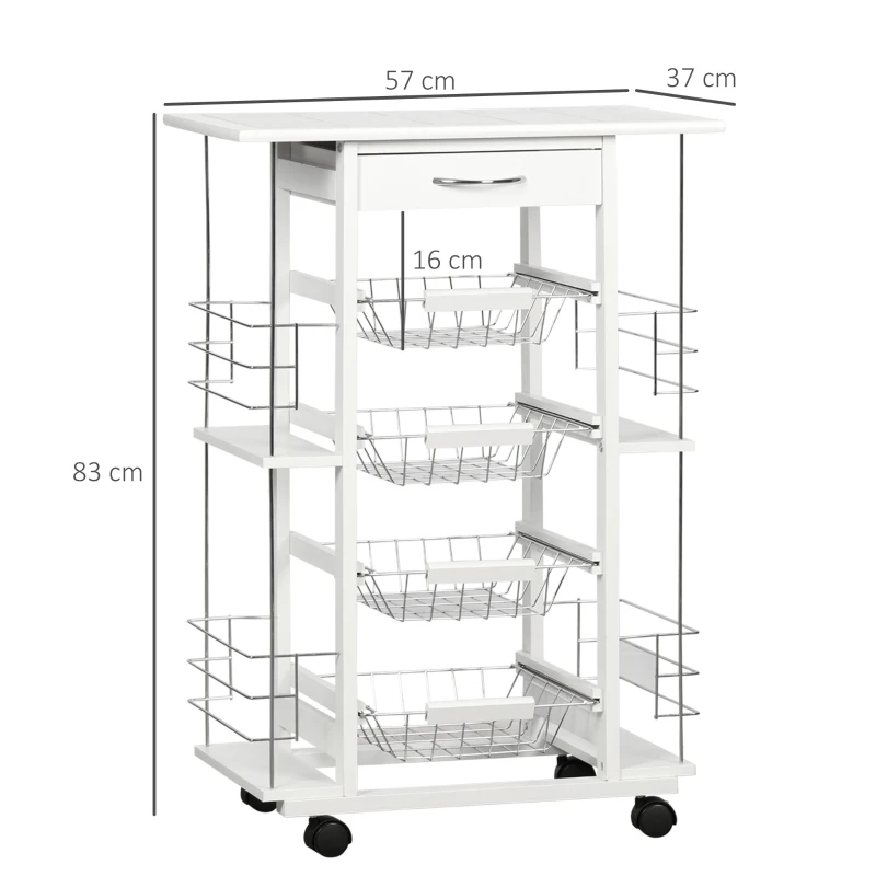 HOMCOM Multi-storage kitchen service cart on casters 4 metal baskets drawer + 4 bottle racks pine wood white tiled top