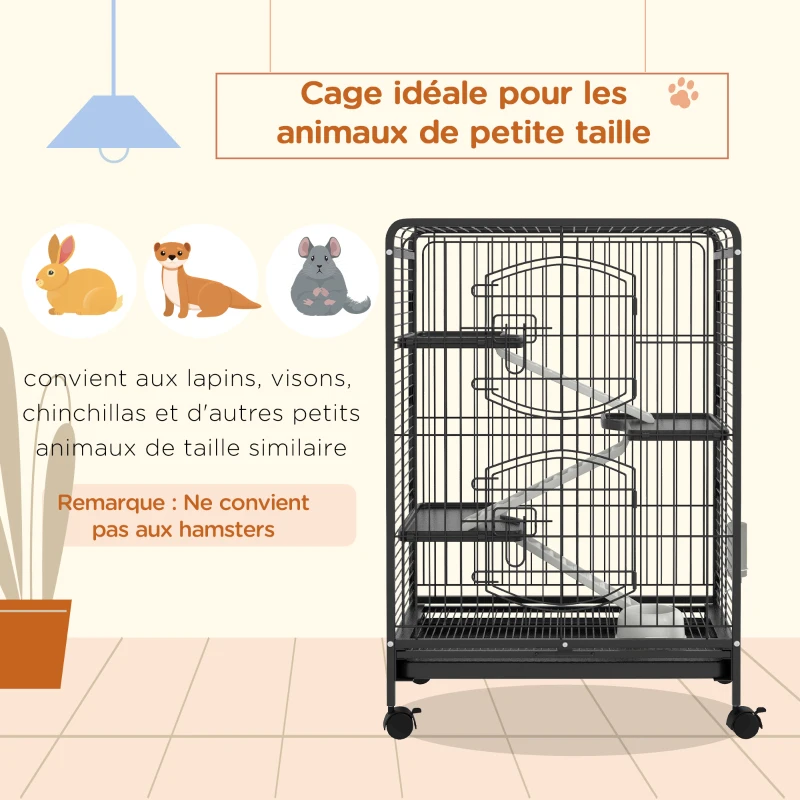 PawHut Small Animal Cage on Wheels, 3 Ramps & 3 Platforms, Food Dish & Water Bottle, Removable Bottom Tray for Rabbit, Ferret, Chinchilla, Steel & PP, 61.5x44x95cm, Black