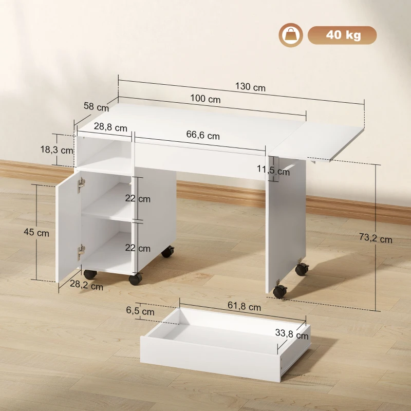 HOMCOM Bureau d'ordinateur sur roulettes, table informatique avec abattant, tiroir, placard et compartiment, 130 x 58 cm, blanc