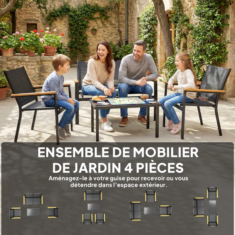 Outsunny Salon de jardin extérieur 4 pièces avec canapé 2 places, 2 chaises et table basse en verre trempé, noir