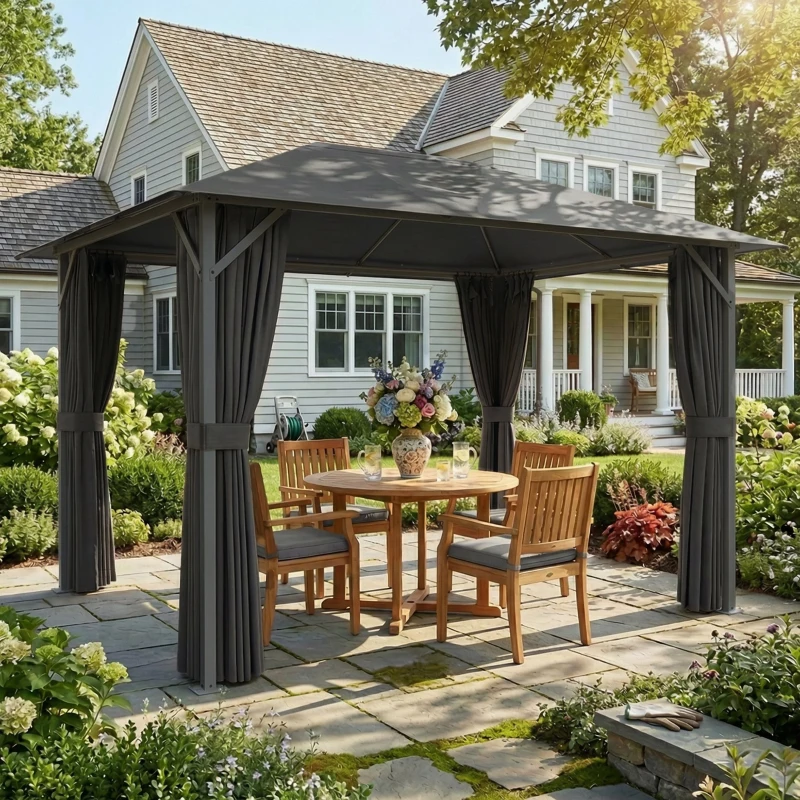 Outsunny Pavillon ca. 4x3m Wasserabweisend Stabil Winterfest Gartenpavillon mit Moskitonetz 4 Seitenteile Lüftung Drainagelöchern