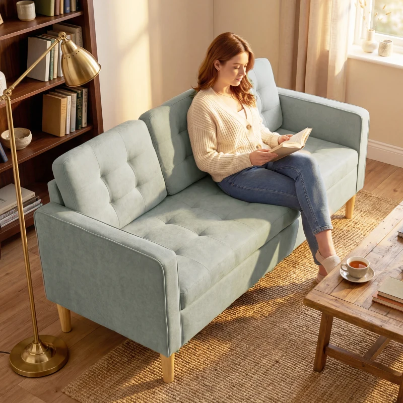 HOMCOM 3 Seater Sofa, 169cm Couch with Hidden Storage, Wood Legs, Light Grey