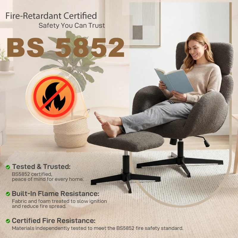 HOMCOM Swivel Armchair and Footstool Set, Height Adjustable Accent Chair with Adjustable Headrest, Rocking Function, Grey