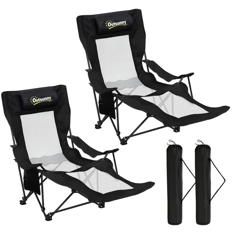 Outsunny 2er-Set verstellbare klappbare Campingstühle mit abnehmbarer Fußstütze, Kopfstütze, Getränkehalter und Tasche, Schwarz