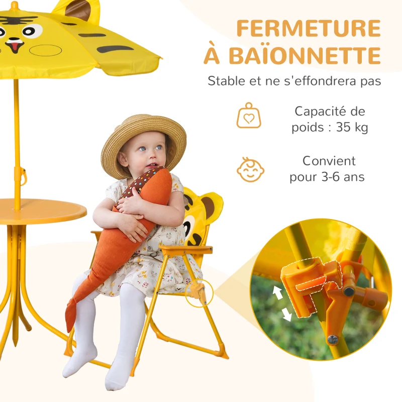 Outsunny Kids 4-Piece Garden Set Tiger Design - Round Table + 2 Folding Chairs + Parasol - Epoxy Metal Oxford Yellow