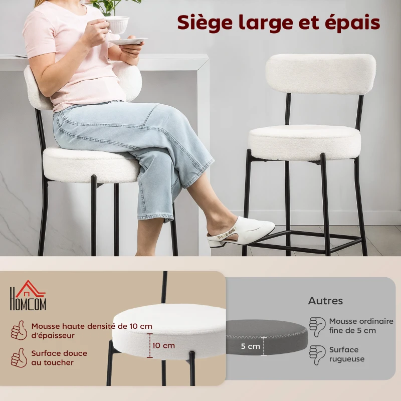 HOMCOM Lot de 2 tabourets de bar en tissu bouclette, chaises de bar avec dossier courbé, repose-pieds, 49x52x95cm, crème
