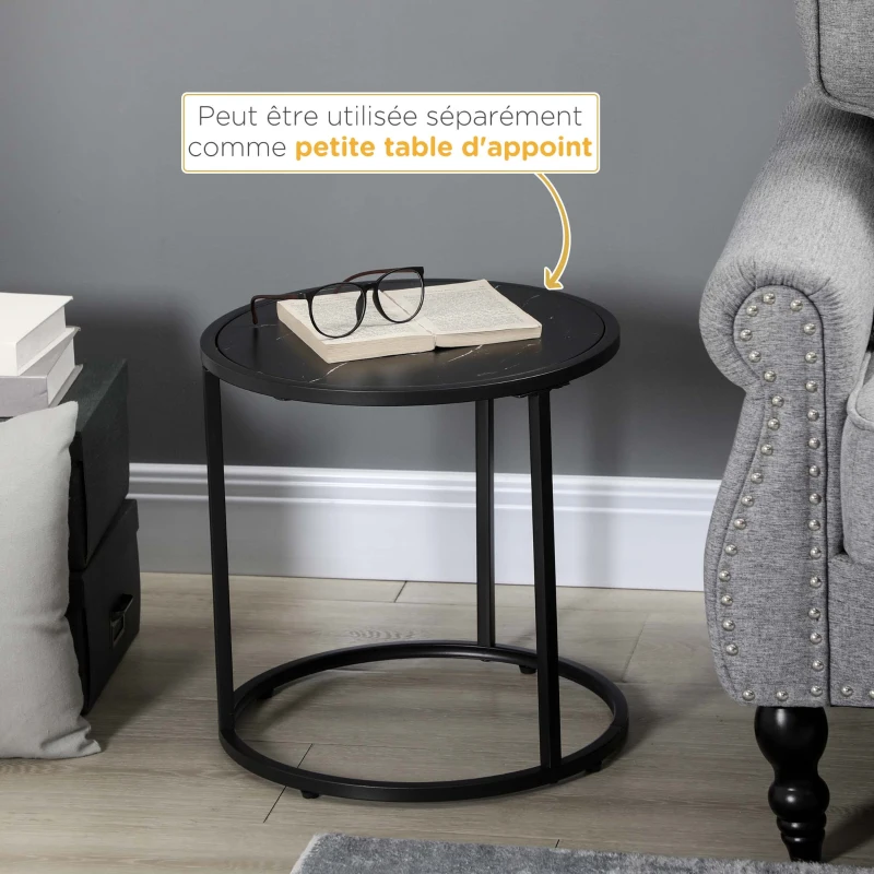 HOMCOM Set of 2 Round Nesting Stackable Coffee Tables, Marble-Effect Wooden Top and Metal Legs, Black