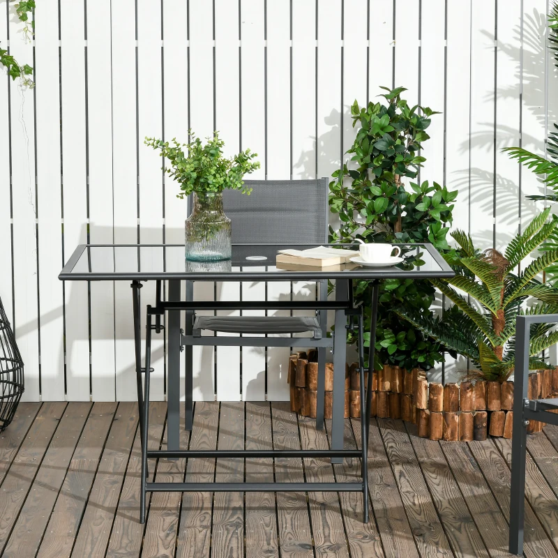 Outsunny Table à manger de jardin pliable avec plateau verre trempé table extérieure avec trou de parasol 110 x 70 x 70 cm noir