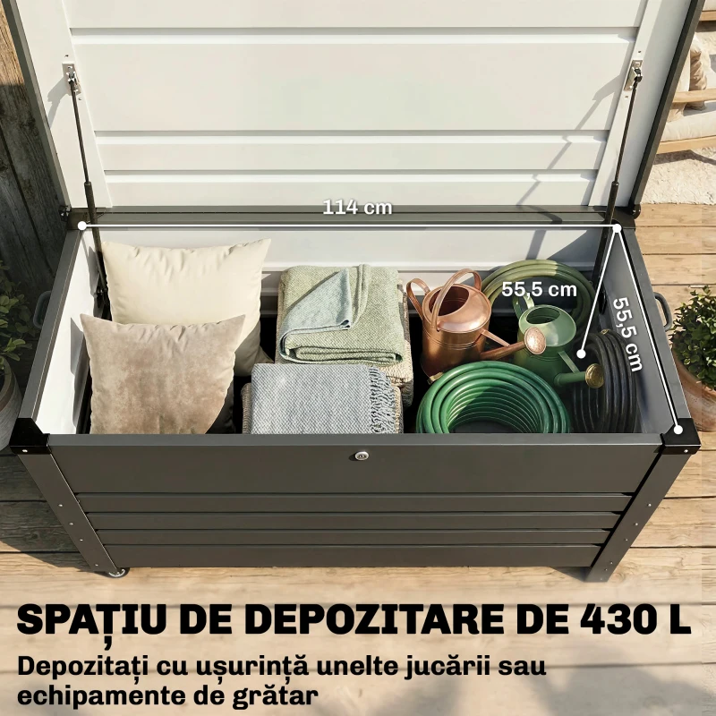 Outsunny Ladă 430L, Recipient Metalic cu Capac Blocabil, Roți, Mânere Laterale, Gri