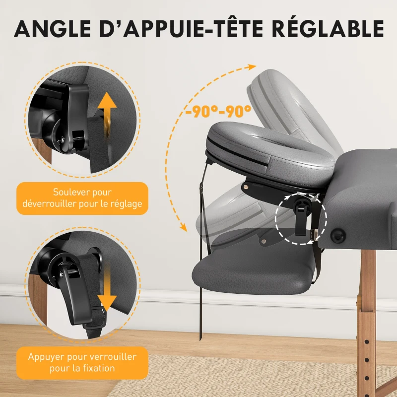 HOMCOM Table de massage pliante, lit de massage 3 zones portable 185 x 60 cm, hauteur et dossier réglables, appui-tête, gris
