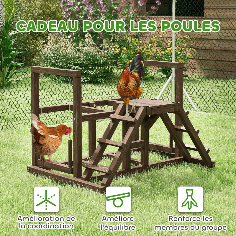 PawHut Aire de jeux en bois, Perchoir en bois pour poule, avec balançoire, échelle, plateformes, 82 x 60 x 55 cm, marron