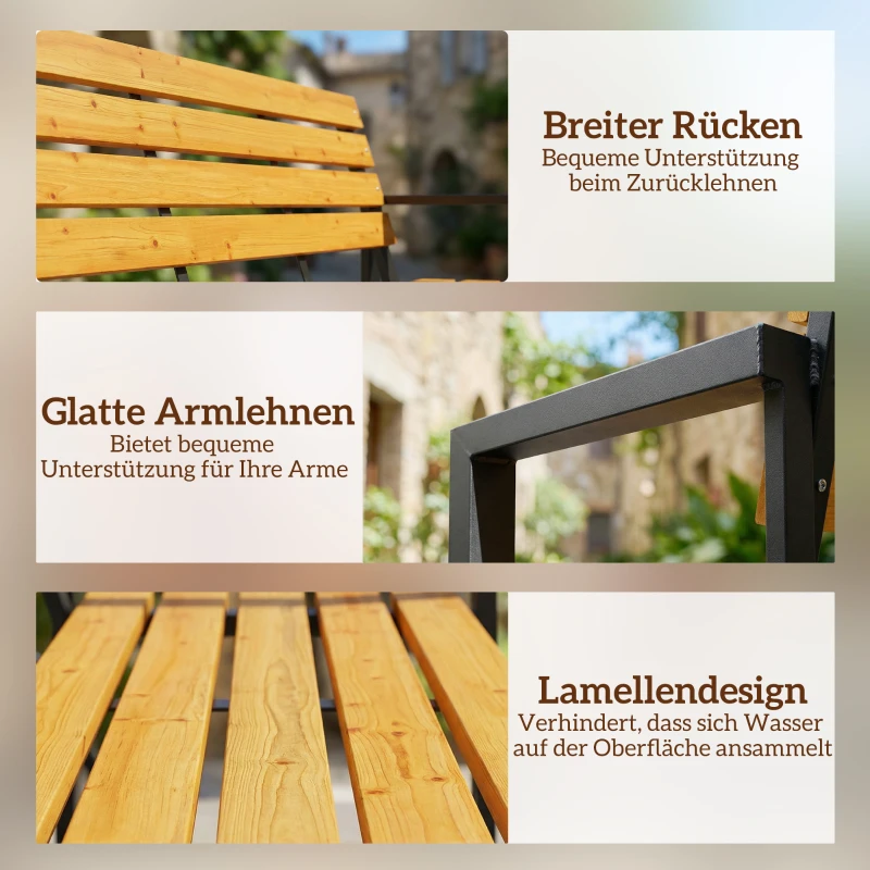 Outsunny Gartenbank 2-Sitzer Wetterfest Holzbank mit Lamelldesign Armlehnen, Holz Sitzbank bis 240 kg Naturholz