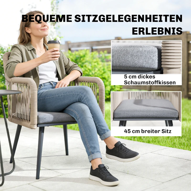 Outsunny Gartenstuhl 2er Set wetterfest  Gartenstühle mit Armlehne Sitzkissen Metallrahmen bis 120 kg belastbar Hellgrau