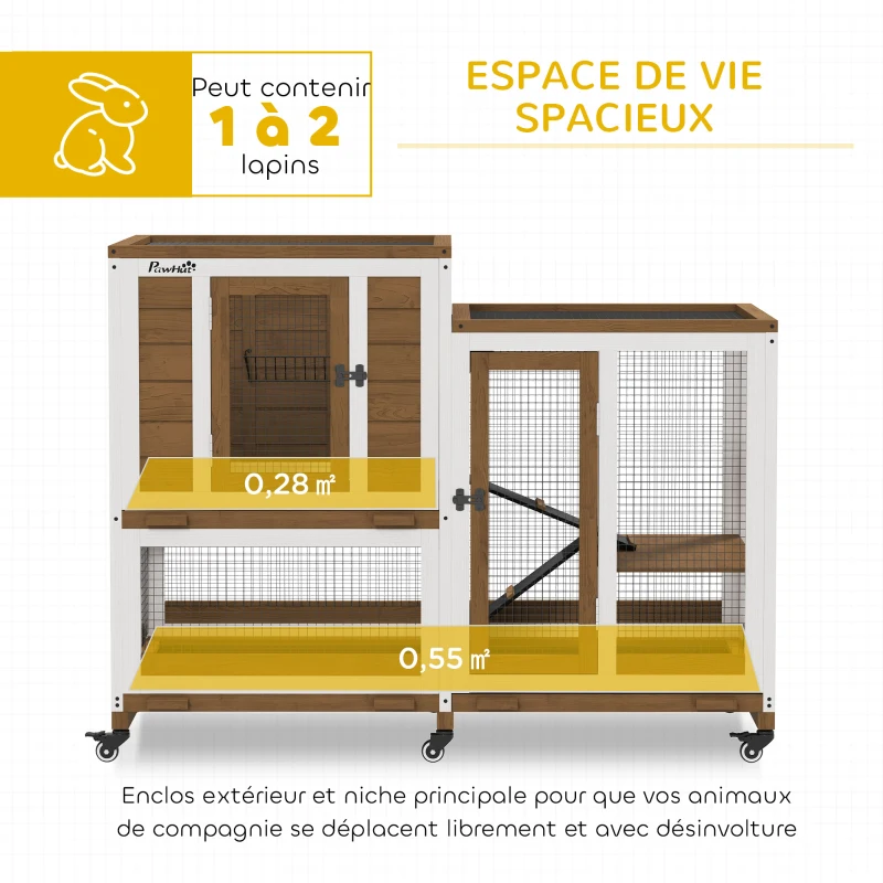 PawHut Clapier lapin intérieur cage lapin en bois design de luxe 3 niveaux avec 3 plateaux amovibles 110 x 50 x 86 cm marron