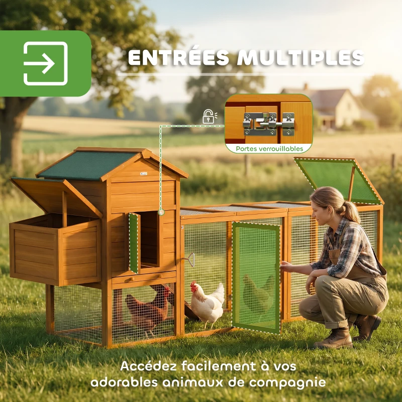 PawHut Poulailler en bois poulailler pour poules extérieur avec pondoir bac amovible en bois massif 297,5 x 68 x 118 cm orange